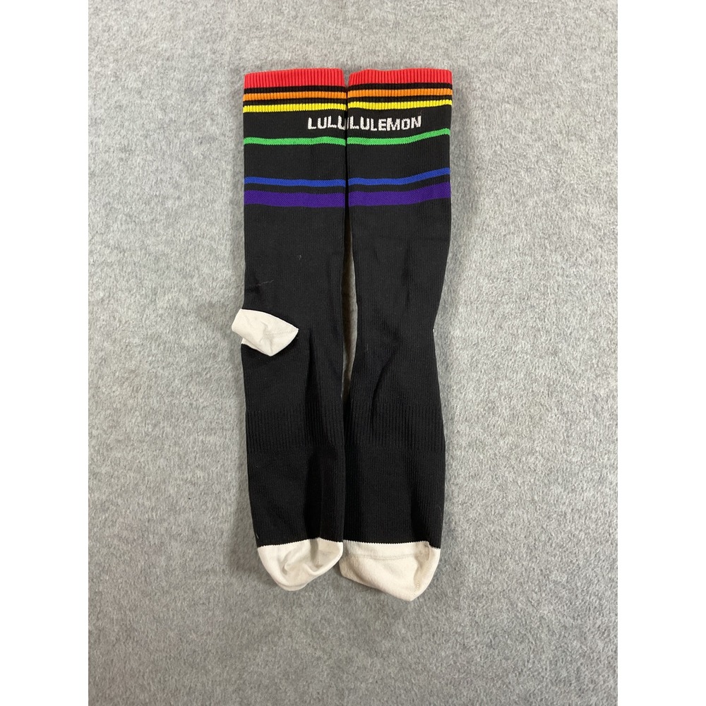 Lululemon Rainbow Stripe Crew Socks Black Athletic Logo Ribbed Cuffs